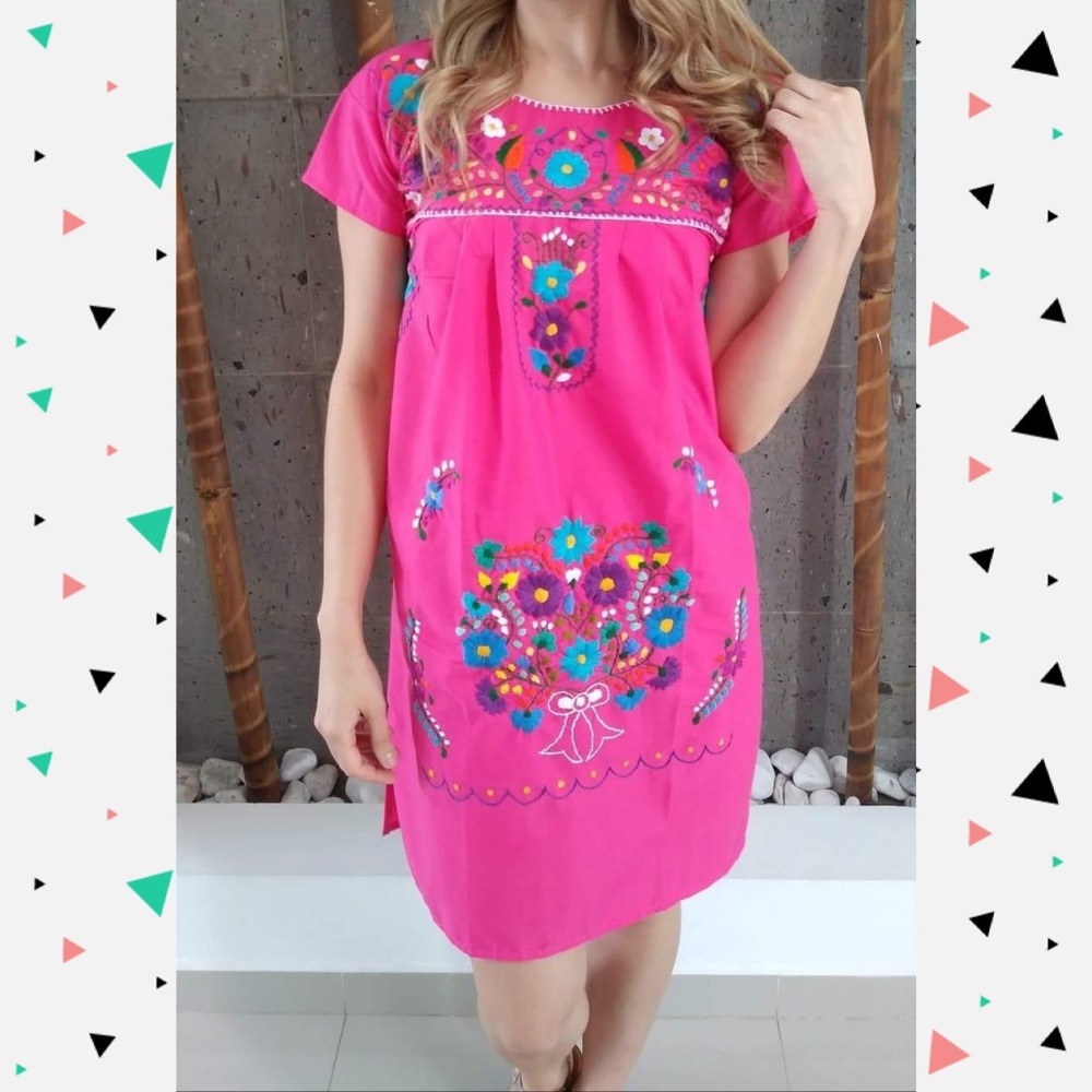 Mexican Pink Dress Embroidered with Florals